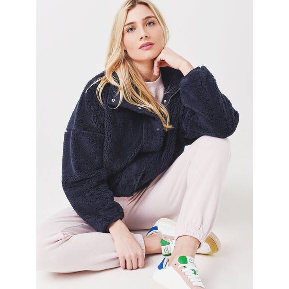 Z Supply Dakota Dropped Shoulder Full Zip Winter Sherpa Jacket Navy Small - Picture 2 of 6